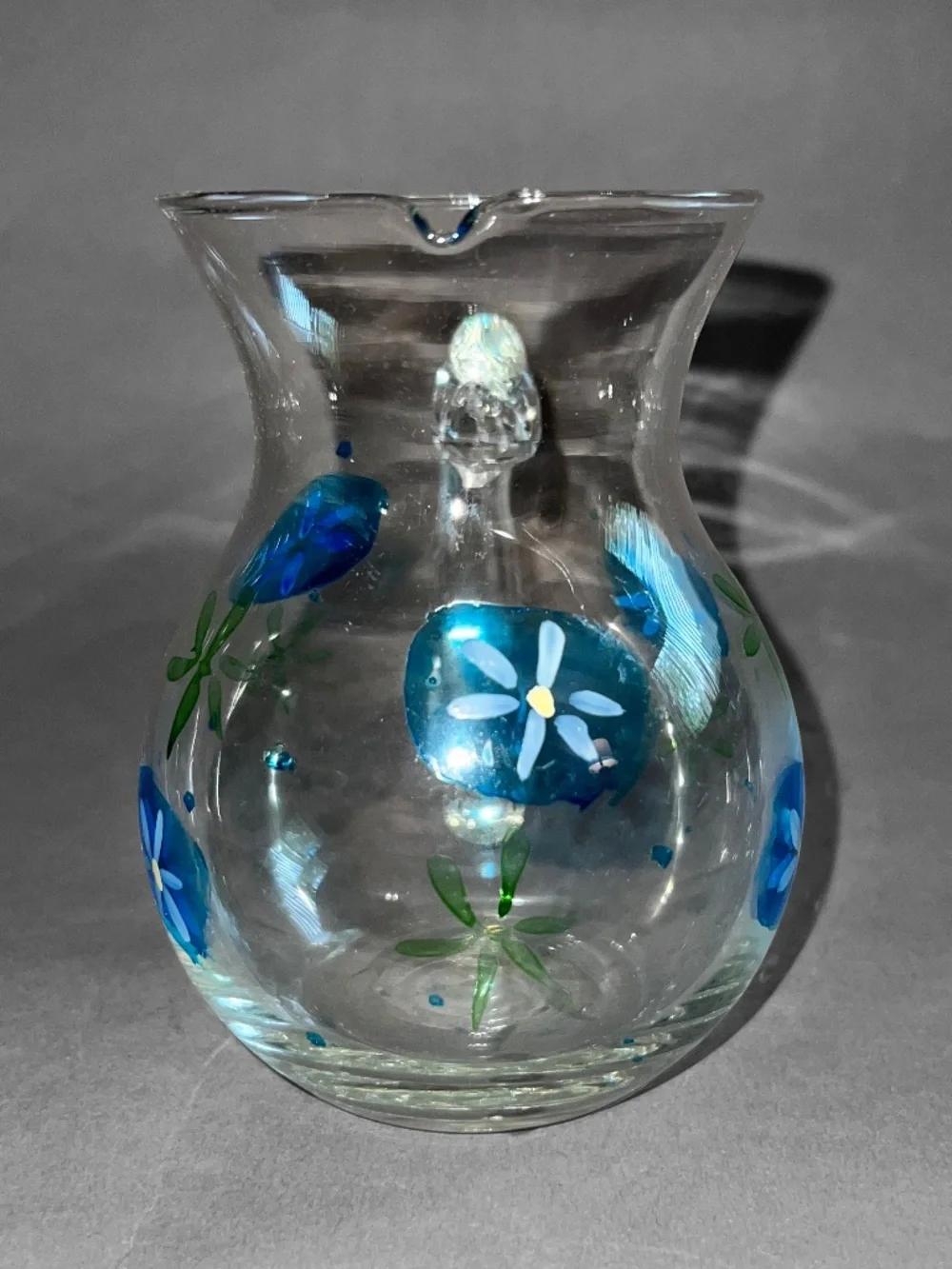 Vintage Clear Glass Blue Flower Mini Pitcher
